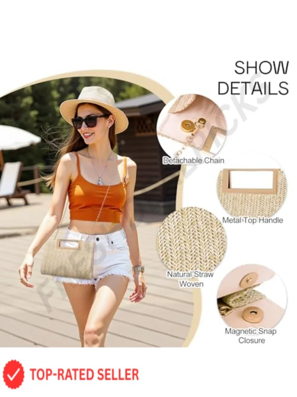 Woven Straw Evening Bag Clutch with Gold Metal Handle Chain
